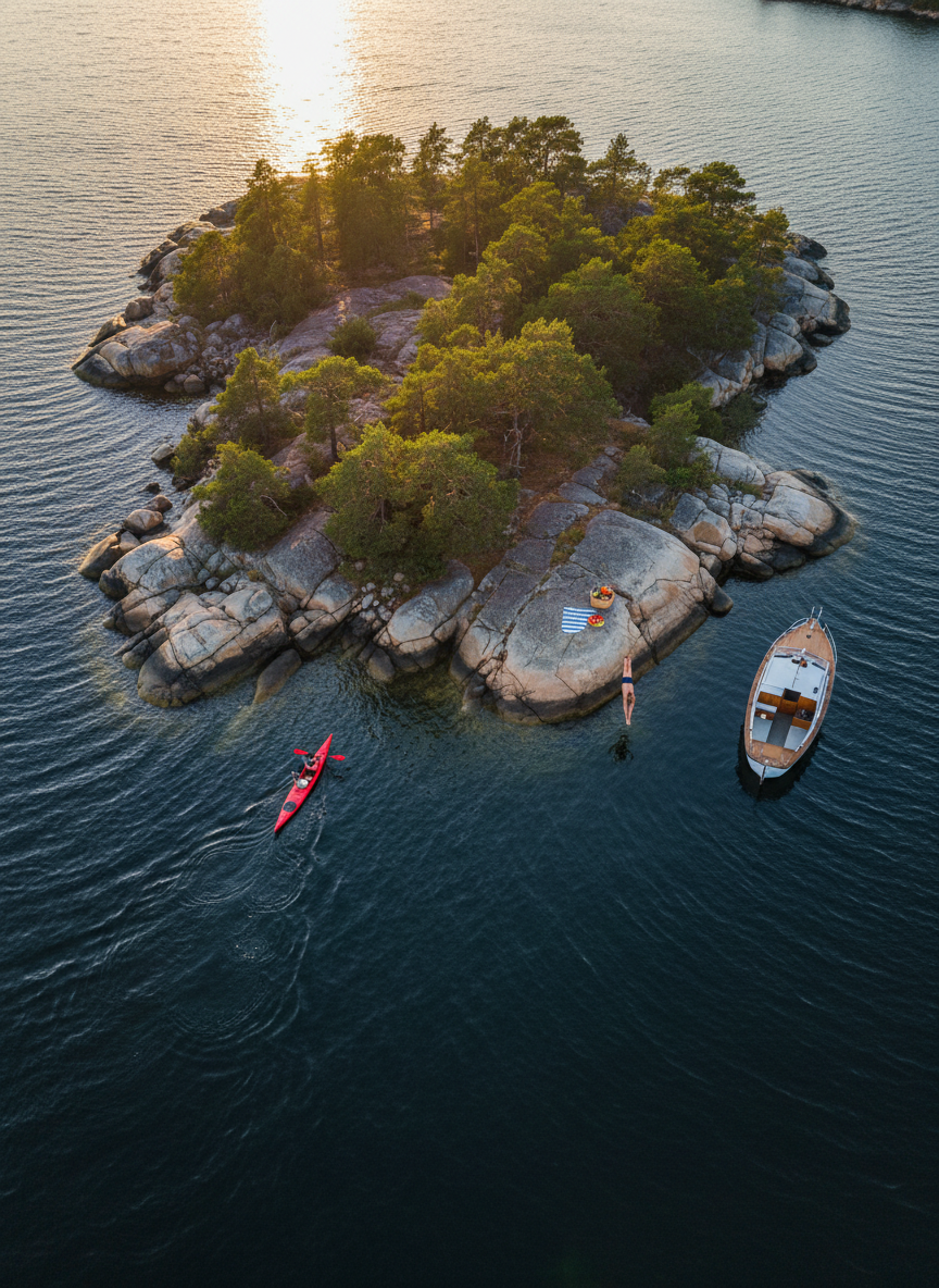 A dynamic photographic overhead view of summer activities in Vaxholm’s surrounding archipelago: a cluster of small rocky islands covered in pine trees and smooth sun-warmed granite, surrounded by deep blue water. A bright red kayak glides between islands, leaving a delicate wake, while a classic white motorboat anchors near a flat rock with a neatly folded towel and a picnic basket resting on it. The golden evening sun creates sparkling reflections on the water and long, soft shadows from the trees, giving a sense of adventure and freedom. The composition uses rule of thirds with crisp realism and vibrant colors, perfectly illustrating playful summer fun in the Vaxholm area.