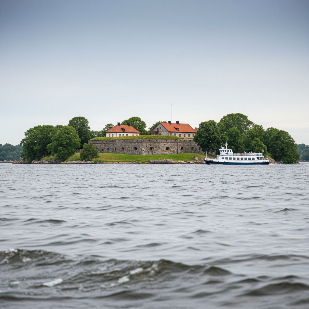 A serene photographic scene of Vaxholm Fortress seen from the water, its round stone walls and red-roofed buildings rising from a small island covered in green grass and leafy trees. The camera is positioned low on the surface of the water, capturing gentle waves in the foreground and the fortress centered in the distance. Soft, slightly overcast light diffuses evenly across the scene, creating subtle textures in the stone, foliage, and water without harsh shadows. A white archipelago ferry passes in the background, slightly blurred to emphasize the historic structure. The mood is calm and slightly adventurous, with a realistic, documentary feel that showcases this iconic local landmark.