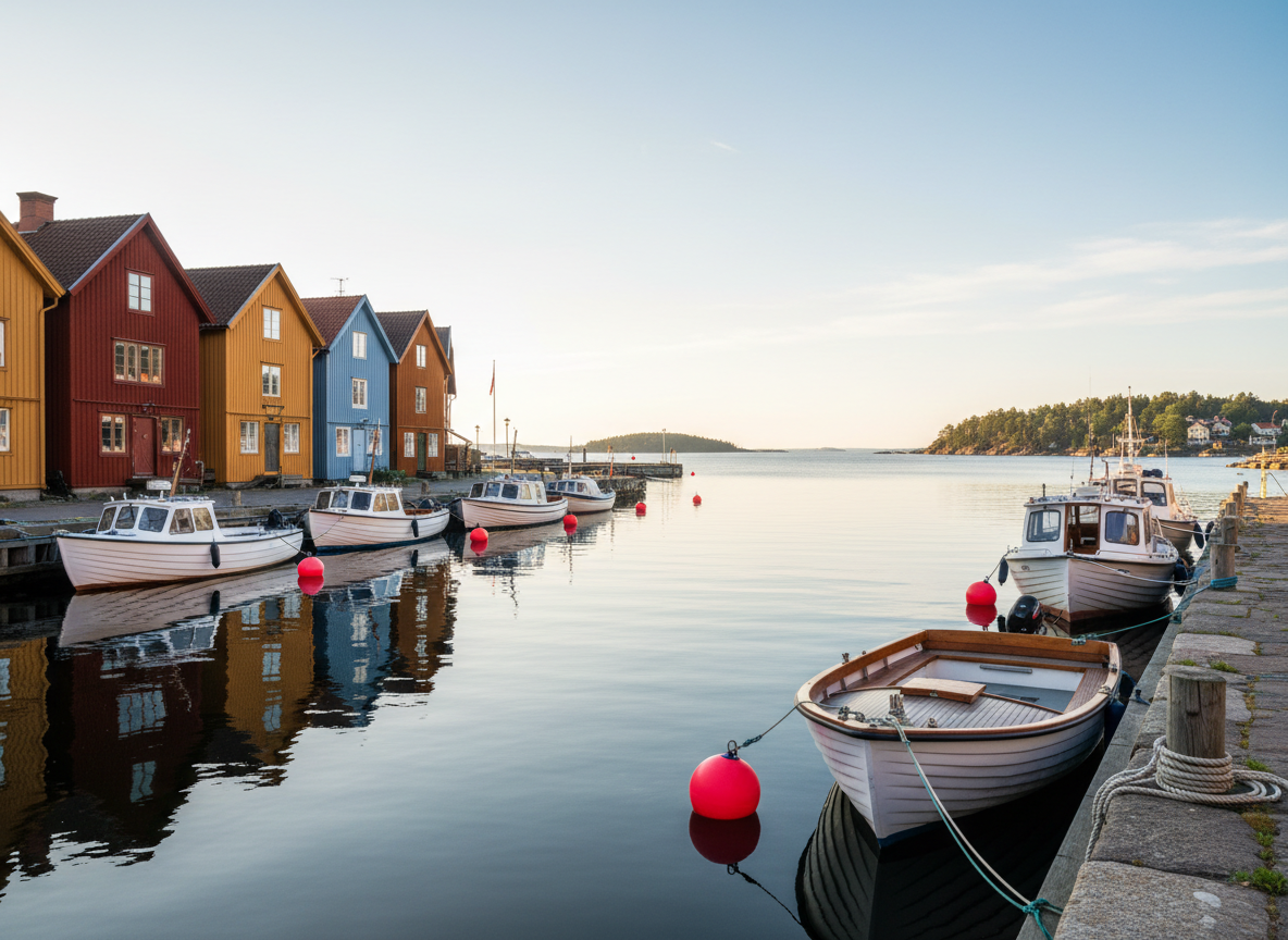 A wide photographic view of Vaxholm’s colorful wooden waterfront houses lined up along the harbor, their red, yellow, and pale blue facades reflected in perfectly calm water. In the foreground, sleek white archipelago boats rest at the quay beside bright red buoys and weathered wooden posts. It is a sunny Swedish summer day with soft golden afternoon light casting gentle shadows and sparkling highlights on the ripples. The distant outline of pine-covered islands stretches across the horizon. Shot at eye level with sharp focus throughout, using a vibrant, realistic style that feels playful yet authentic, ideal as a welcoming hero image for a travel guide to the Swedish archipelago’s entrance.