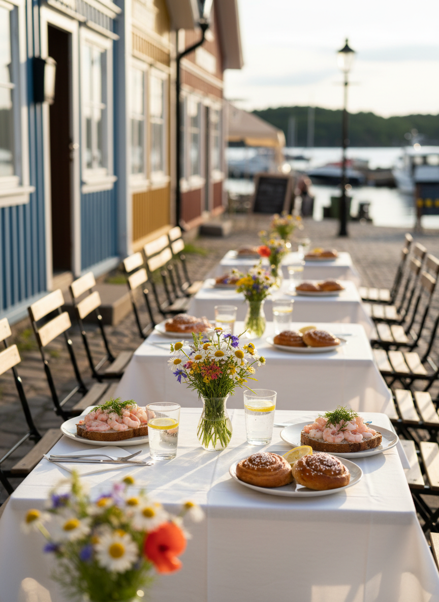 A lively summer photographic scene of Vaxholm’s small town square near the waterfront, centered on a row of inviting outdoor café tables dressed with simple white tablecloths and small vases of wildflowers. On the tables are plates of Swedish shrimp toast, cinnamon buns, and glasses of sparkling water with lemon slices. Colorful wooden shopfronts and a glimpse of the harbor appear softly blurred in the background. Warm, late-afternoon sunlight bathes the scene, creating soft highlights on glassware and gentle shadows beneath the tables. Shot at a slightly elevated angle with a shallow depth of field, the mood is playful, relaxed, and appetizing, highlighting local food spots without showing any people.