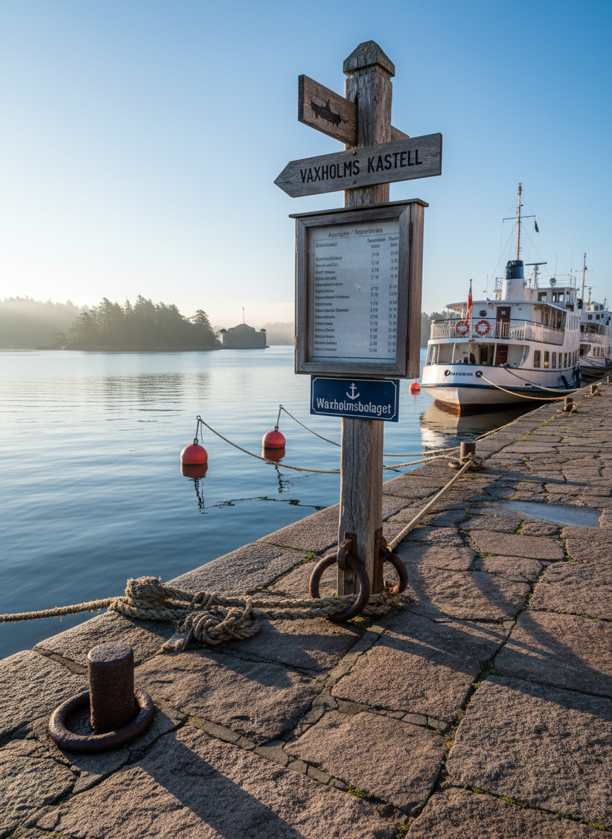 A detailed photographic close-up of a classic Vaxholm harbor pier signpost and timetable board, mounted on sun-bleached wood, standing at the edge of a stone quay. Around it, white archipelago ferries are moored with thick ropes, and small red buoys float nearby in the clear blue water. Soft early morning light creates a calm atmosphere, with long subtle shadows and a faint mist hanging over distant forested islands. Captured from a slightly low angle with the sign in the foreground and boats and islands in crisp focus behind, giving practical, location-specific context in a clean, realistic, travel-guide style.
