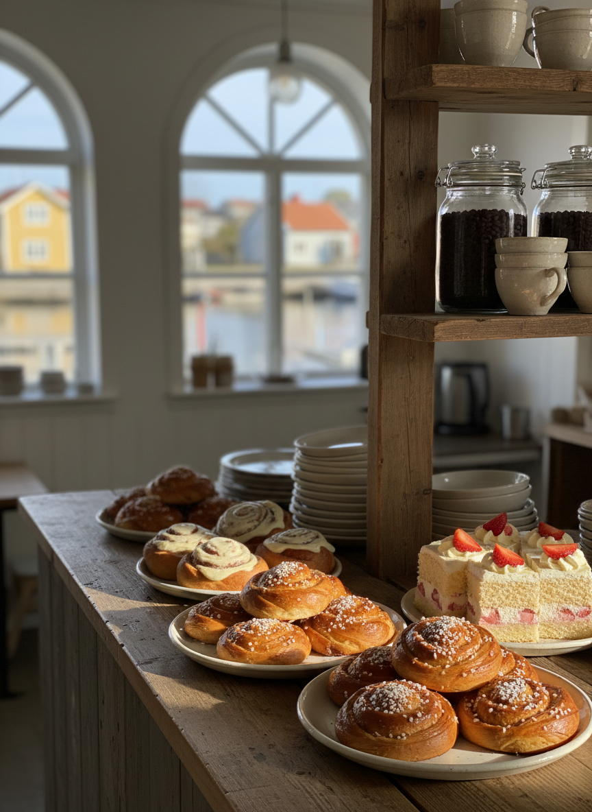 A cozy photographic view inside a small Vaxholm bakery-café, focusing on a rustic wooden counter displaying plates of golden cardamom buns, cinnamon rolls, and slices of strawberry sponge cake topped with whipped cream. Behind the counter, shelves hold glass jars of coffee beans and stacks of simple stoneware plates. Large windows frame a soft, blurred glimpse of the harbor and colorful houses outside. Late-morning natural light pours in, creating warm highlights on the pastries’ glossy glaze and gentle shadows along the grain of the wood. Shot at counter height with a shallow depth of field, the atmosphere feels playful, delicious, and authentically local, perfect for a travel guide’s food section.